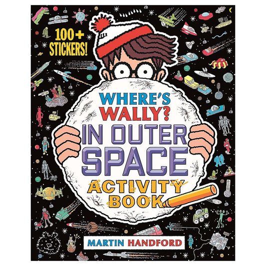 Activity book cover featuring a Wally peeking over a planet with space-themed illustrations.