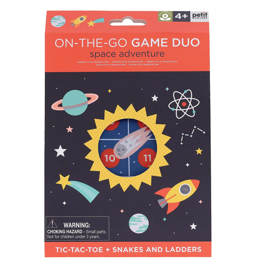 Packaging of 'On-The-Go Game Duo' space adventure set with tic-tac-toe and snakes and ladders on a white background.