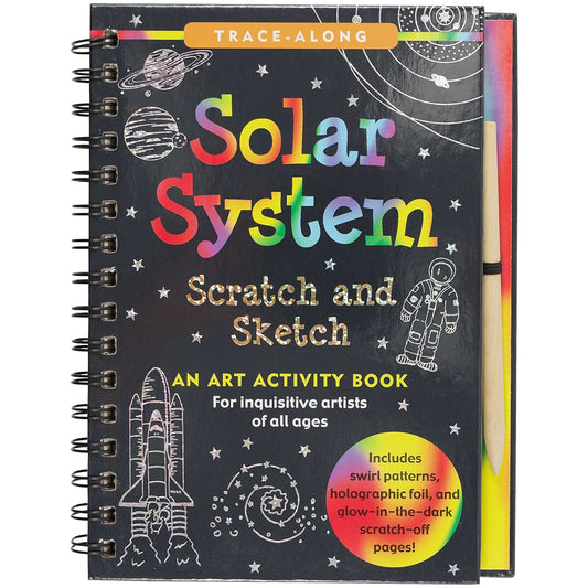 Solar System scratch and sketch activity book with a pencil on a white background