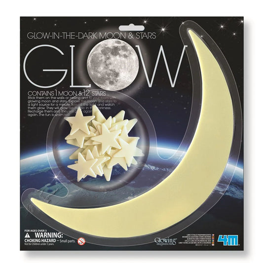 Glow-in-the-dark moon and stars set packaging with moon and stars visible
