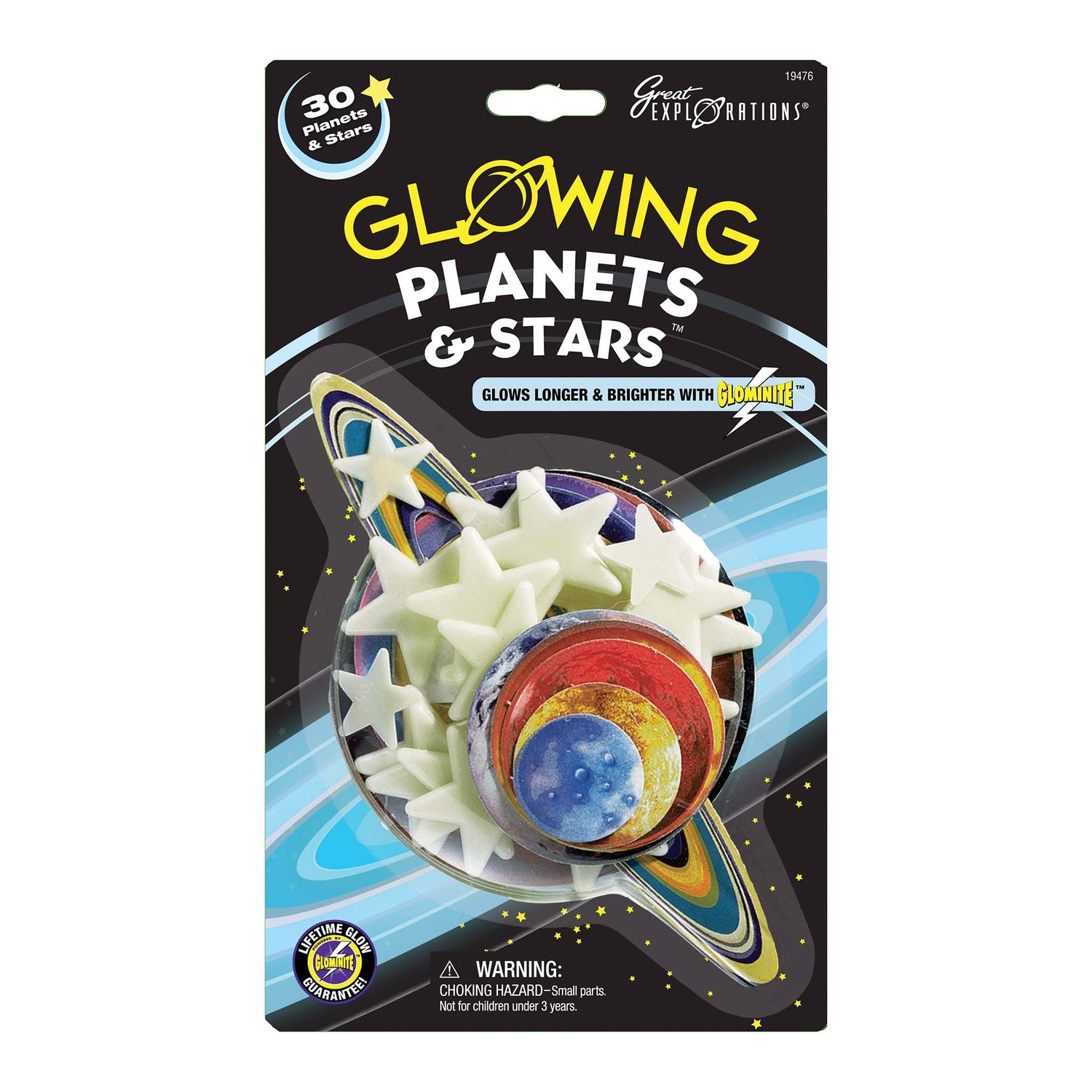 Packaging of glowing planets and stars with space-themed design on a white background