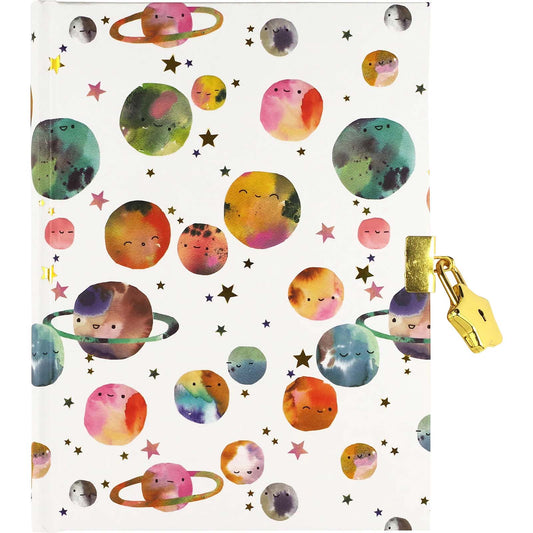 Notebook with colorful planet illustrations on a white background