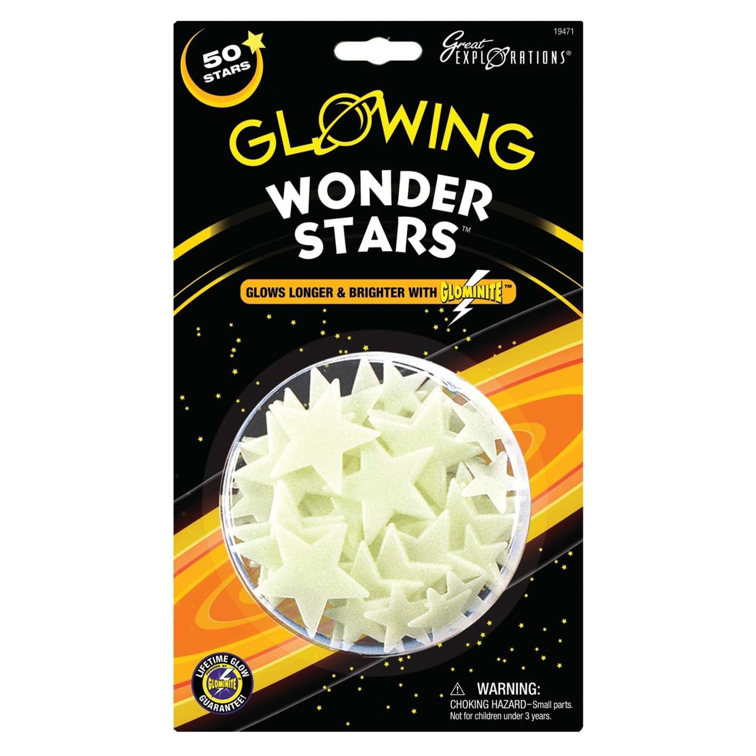 Packaging of Glowing Wonder Stars with stars inside, on a black background with yellow and orange accents.