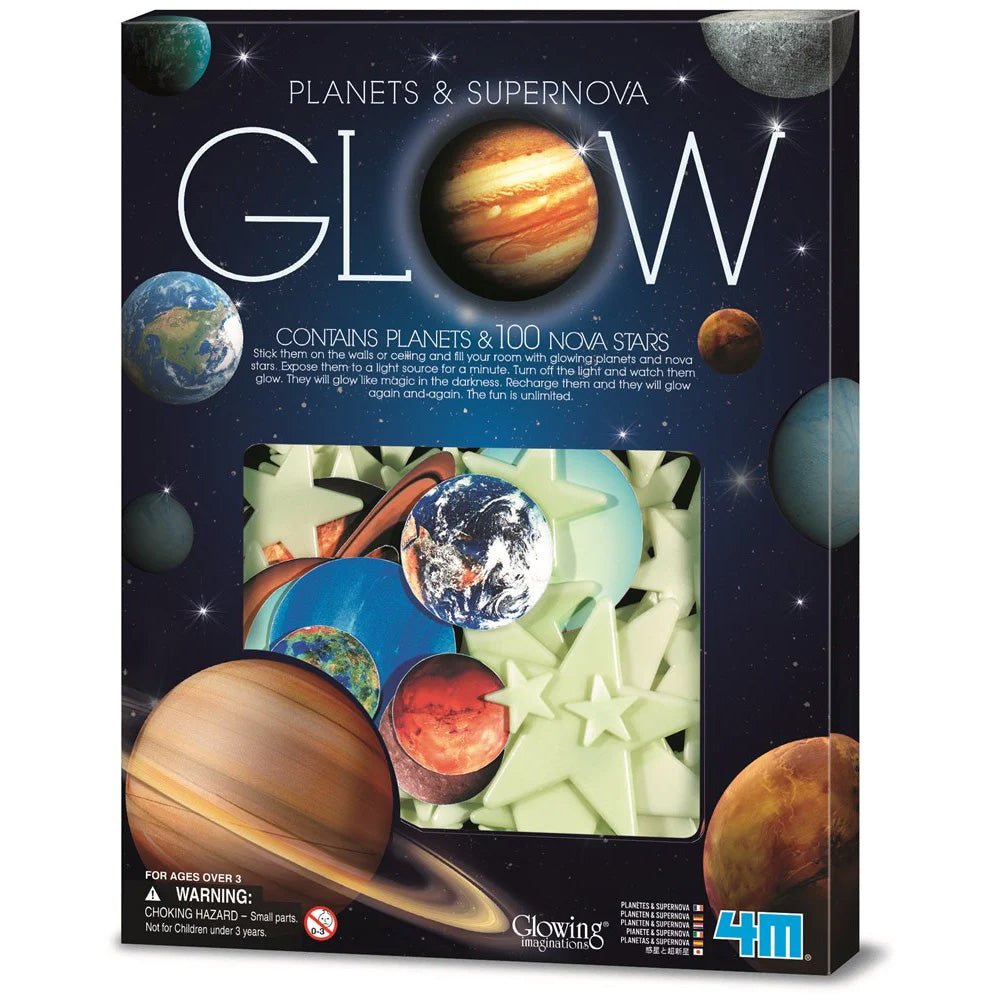 Box of 'Glow Planets & Supernova' educational toy with space-themed design.