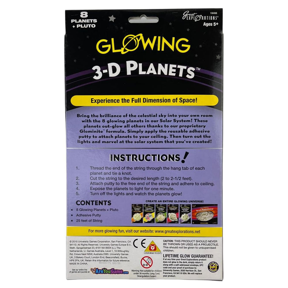 Glowing 3-D Planets packaging with instructions and product details.
