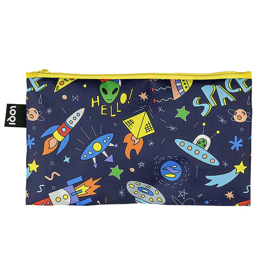 Pouch with space-themed design featuring rockets, aliens, and stars on a dark blue background.