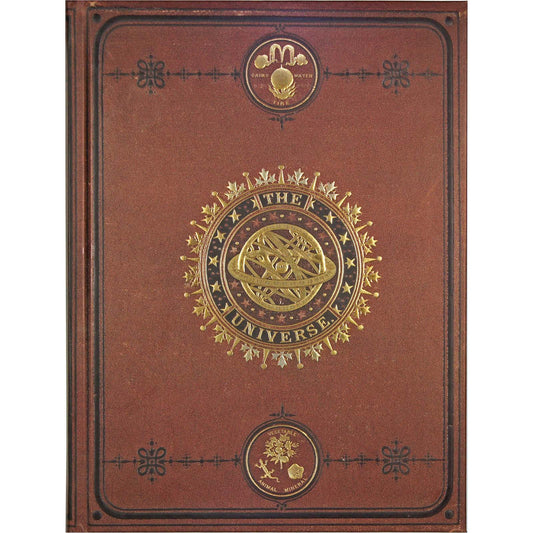 Decorative book cover with gold emblem and text on a brown background