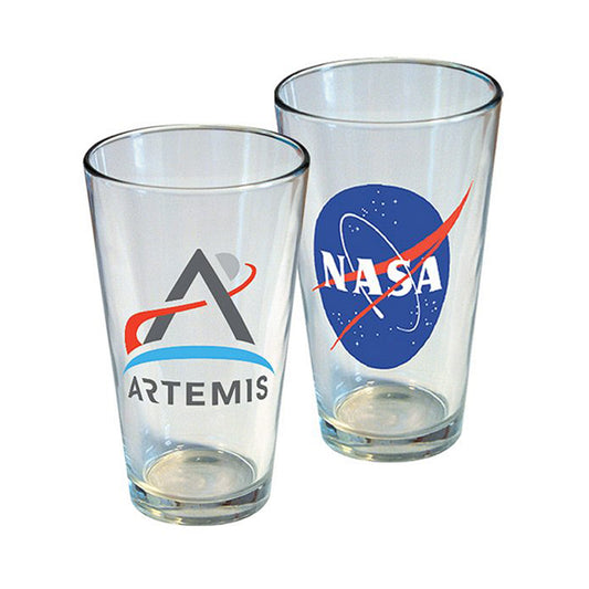 Two clear glasses with NASA and Artemis logos on a white background
