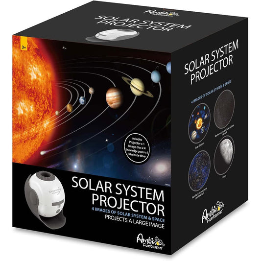 Box of a solar system projector with images of the sun and planets on a black background.