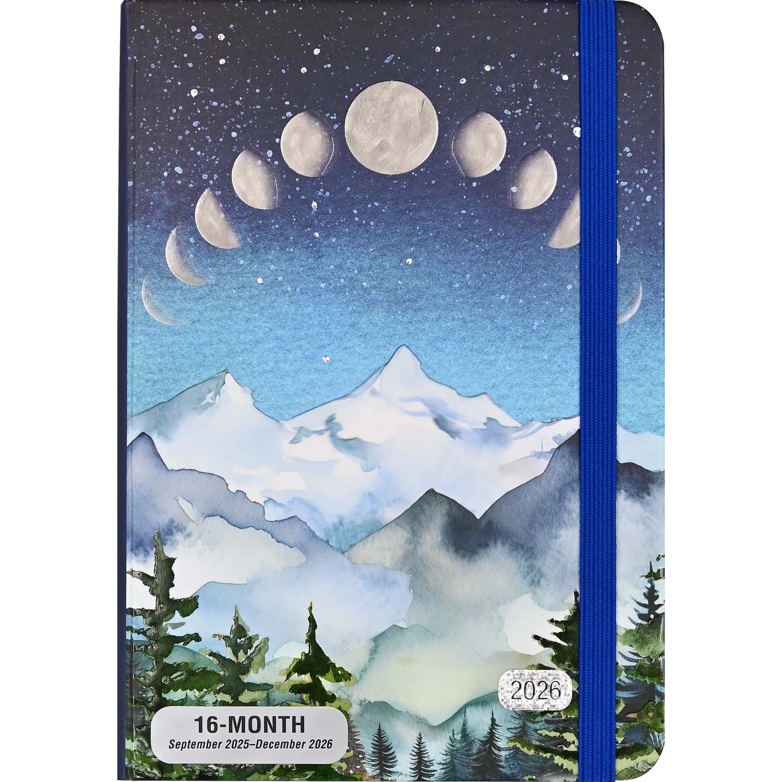 Calendar with mountain and moon design on a blue background
