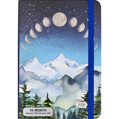 Calendar with mountain and moon design on a blue background