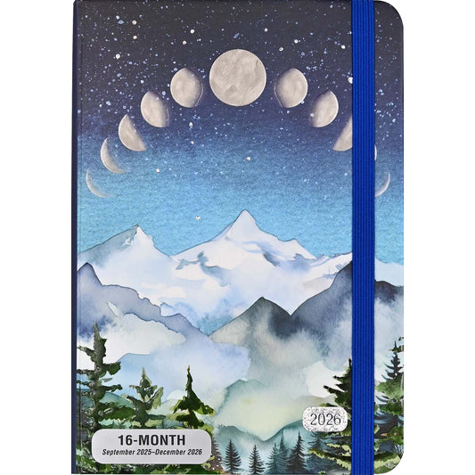 Calendar with mountain and moon design on a blue background