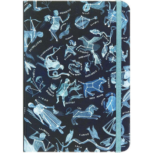 Notebook with zodiac constellation design on a black background