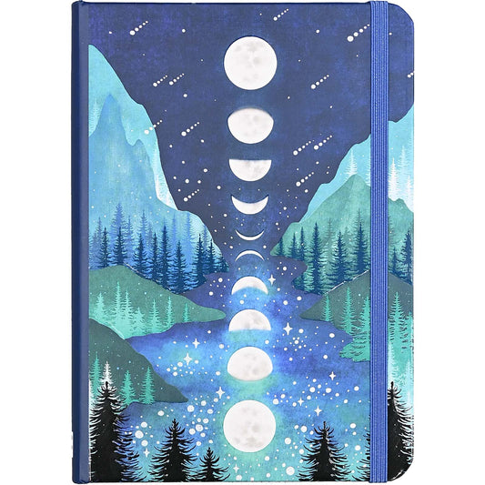 Notebook with a design of mountains, trees, and moon phases on the cover.