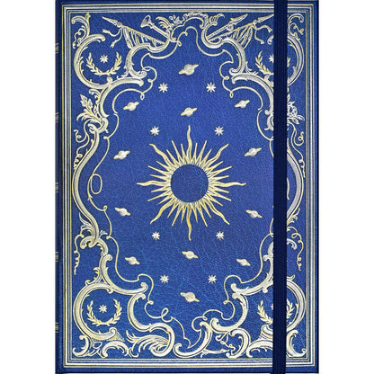 Decorative book cover with sun and star design on a blue background