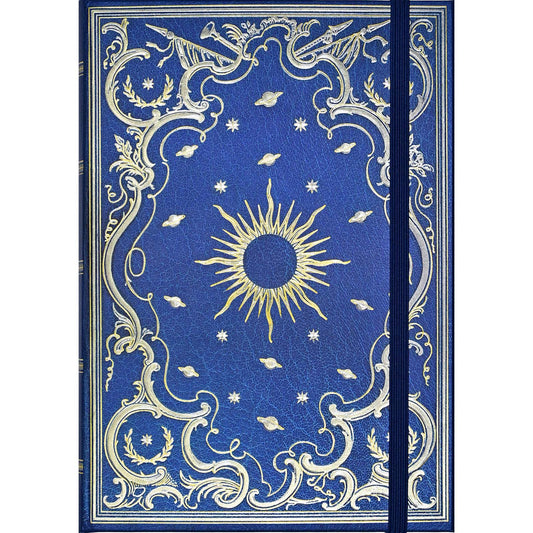 Decorative book cover with sun and star design on a blue background