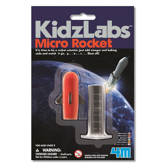 Packaging of KidzLabs Micro Rocket with rocket and experiment setup on a space-themed background.