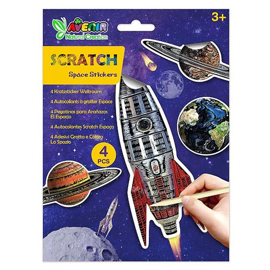 Avenir Scratch Space Stickers packaging with a rocket design and space-themed illustrations.