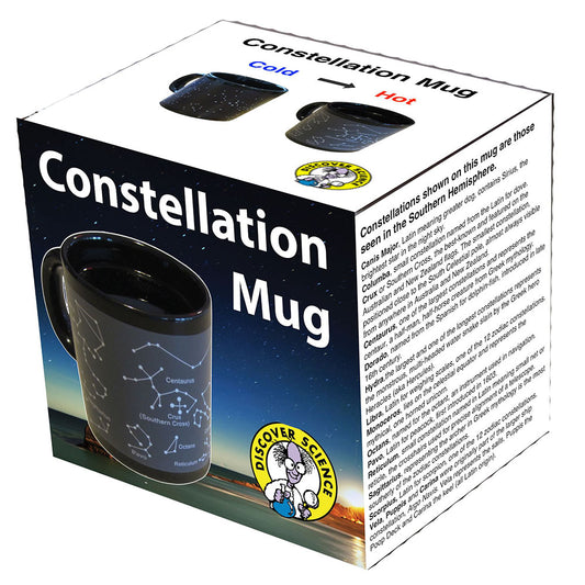 Constellation mug packaging with a mug illustration and text on a white background