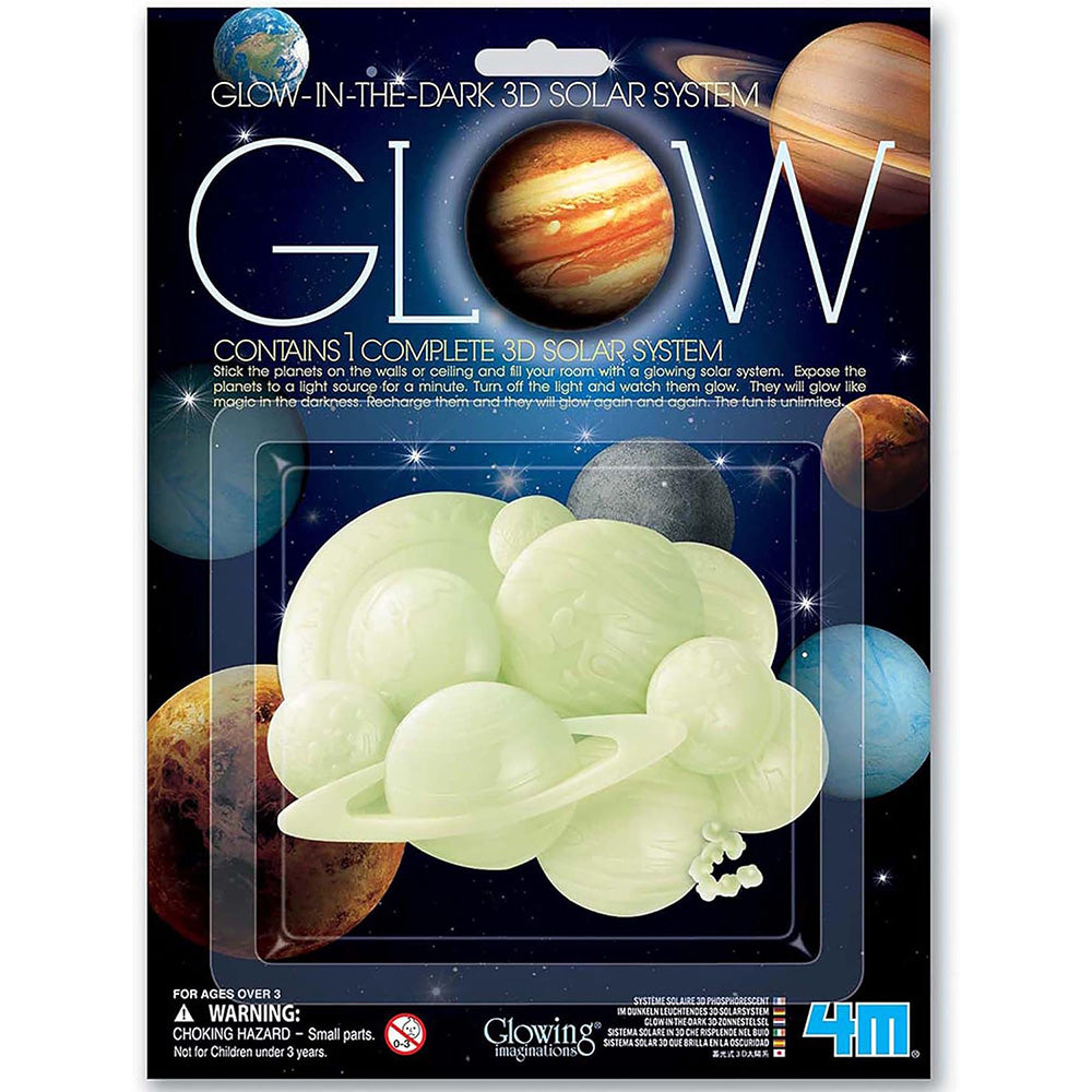 Glow-in-the-dark 3D solar system toy packaging with planets and stars on a dark background.