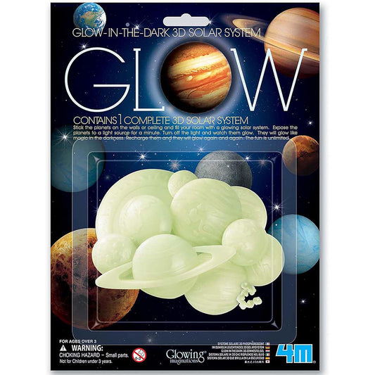 Glow-in-the-dark 3D solar system toy packaging with planets and stars on a dark background.