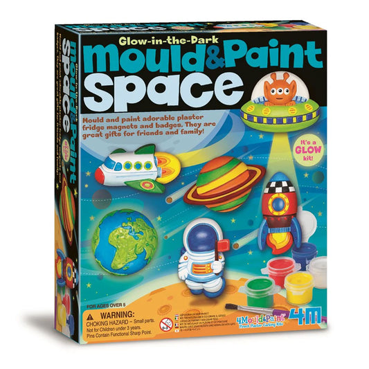 Glow-in-the-dark mould and paint space kit packaging with space-themed toys and text.