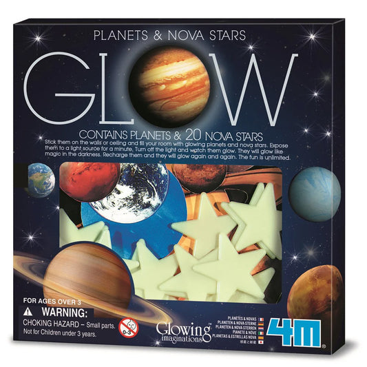 Glowing planets and stars set packaging with 4M branding