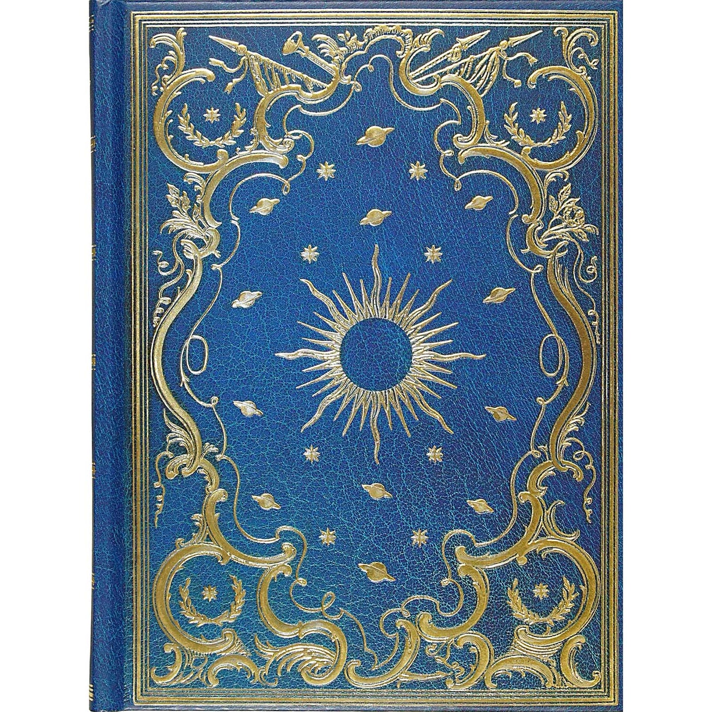 Decorative book cover with gold celestial design on a blue background