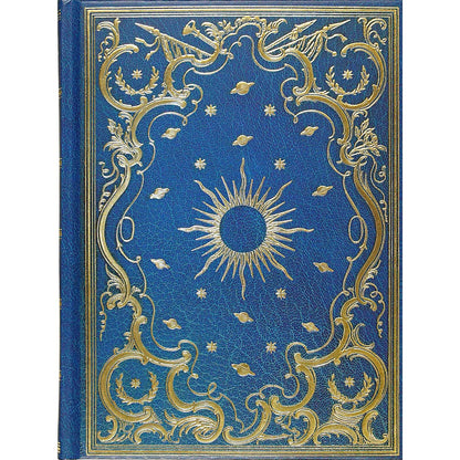 Decorative book cover with gold celestial design on a blue background