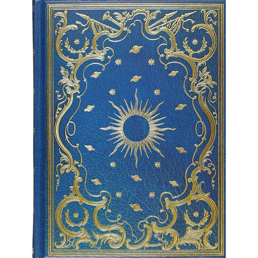 Decorative book cover with gold celestial design on a blue background