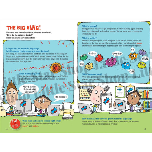 Educational children's book page about the Big Bang with cartoon illustrations and text.