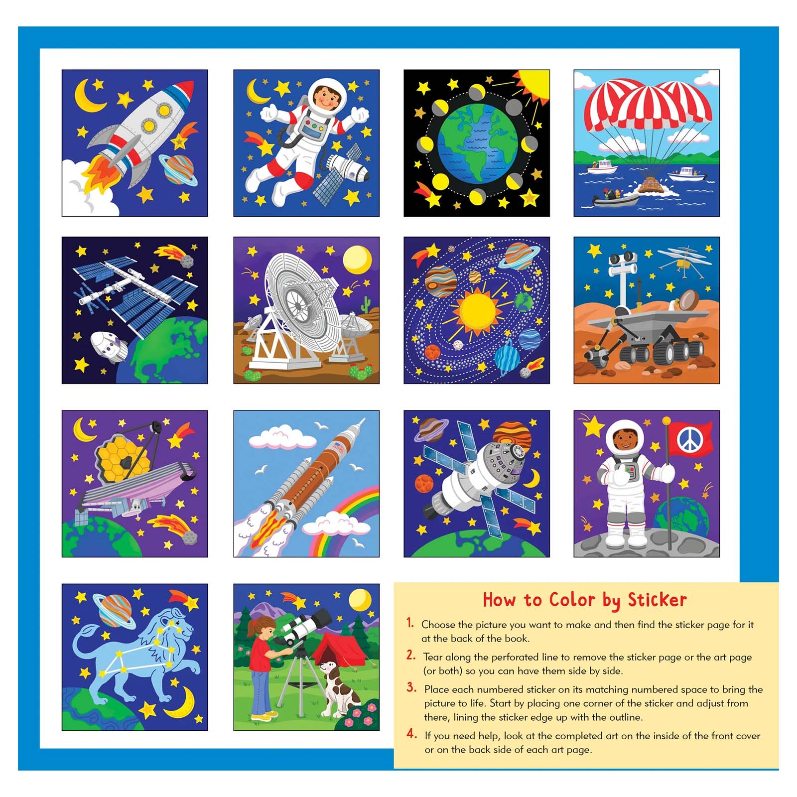 Coloring book with space-themed illustrations and instructions on how to color by sticker.