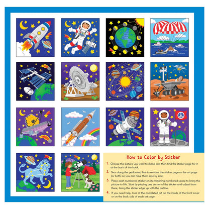 Coloring book with space-themed illustrations and instructions on how to color by sticker.