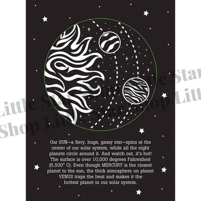Illustration of the solar system with text on a black background