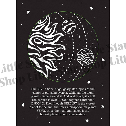 Illustration of the solar system with text on a black background