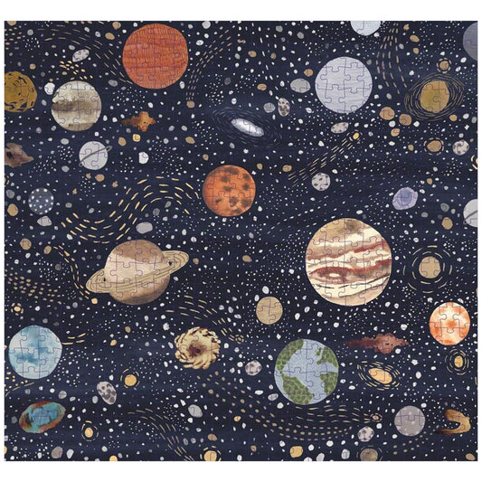 Jigsaw puzzle with space-themed design featuring planets and stars on a dark blue background.