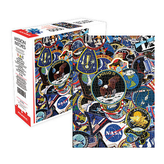 Jigsaw puzzle with space-themed patches and NASA logo, next to its packaging.