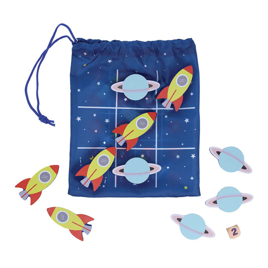 Space-themed drawstring bag with rocket and planet designs, accompanied by matching toys on a white background.