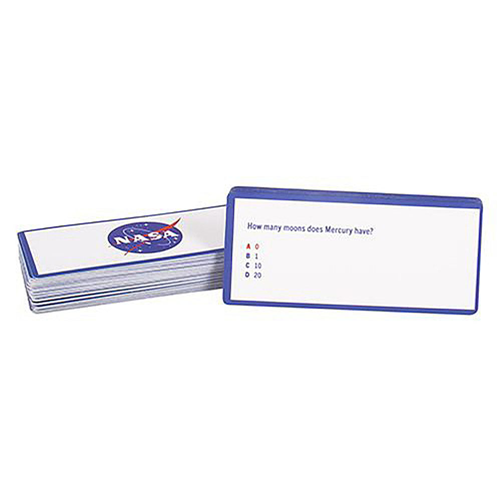 Stack of NASA-themed question cards on a white background