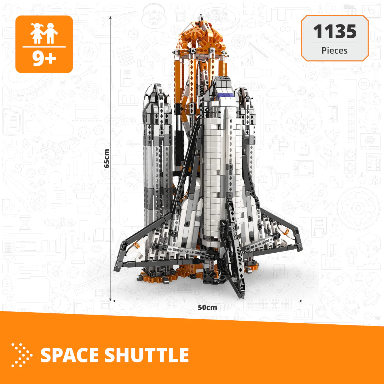 Space shuttle model made from building blocks with dimensions and piece count on a white background