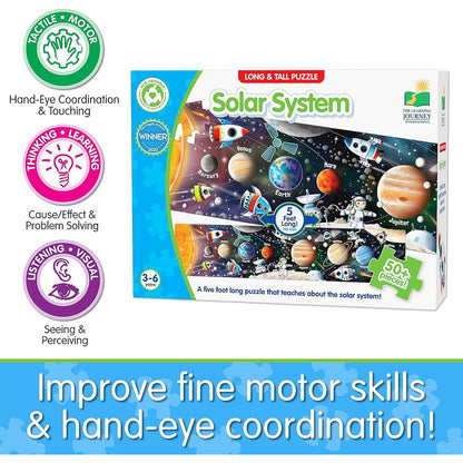 Solar system puzzle box with educational benefits on a blue background