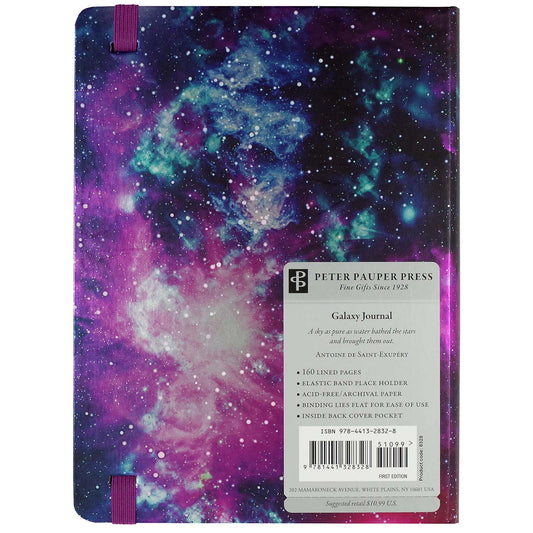 Galaxy-themed notebook with a colorful nebula design on the cover, featuring the brand 'Peter Pauper Press'.