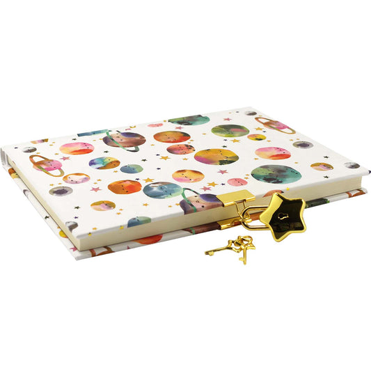 Notebook with space-themed cover and gold lock on a white background