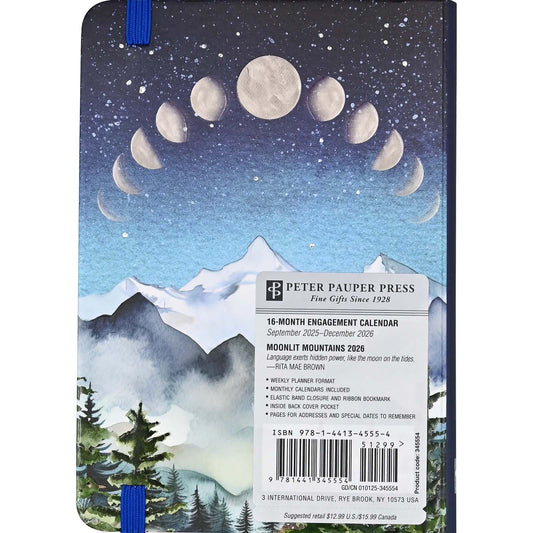 Calendar with moon phases and mountain design on the back cover, featuring Peter Pauper Press branding.