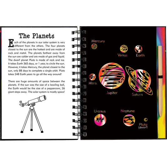 Educational book about the planets with illustrations and text on a black background