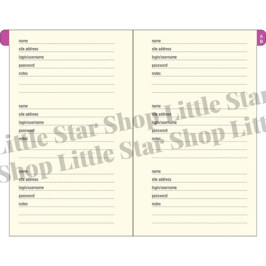 Two pages of a password manager with labels for name, site address, login/user name, password, and notes on a beige background.