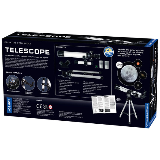Telescope set packaging with images and text on a white background