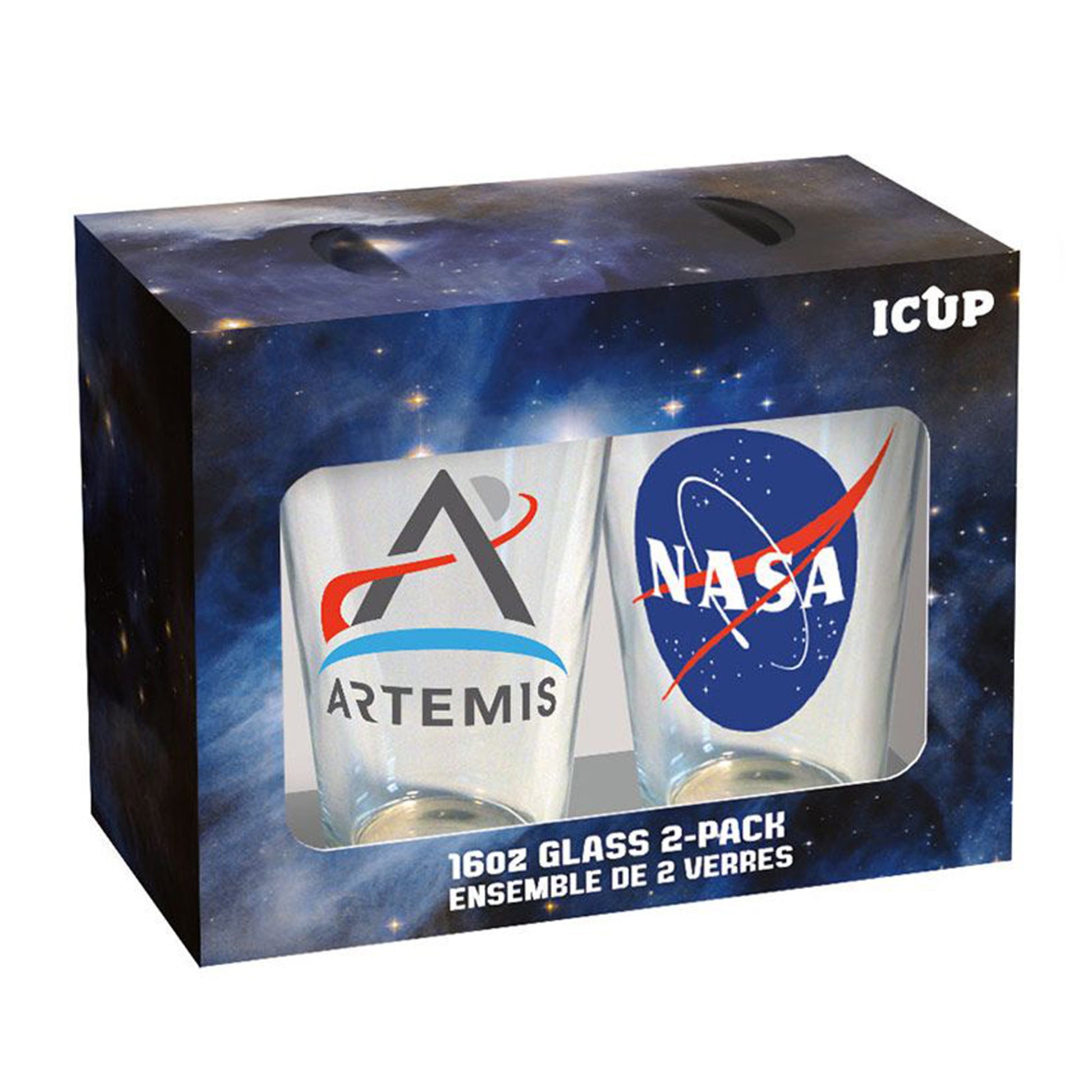 Two glass tumblers with Artemis and NASA logos in a branded box.