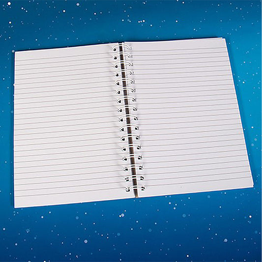 Open notebook with lined pages on a blue background