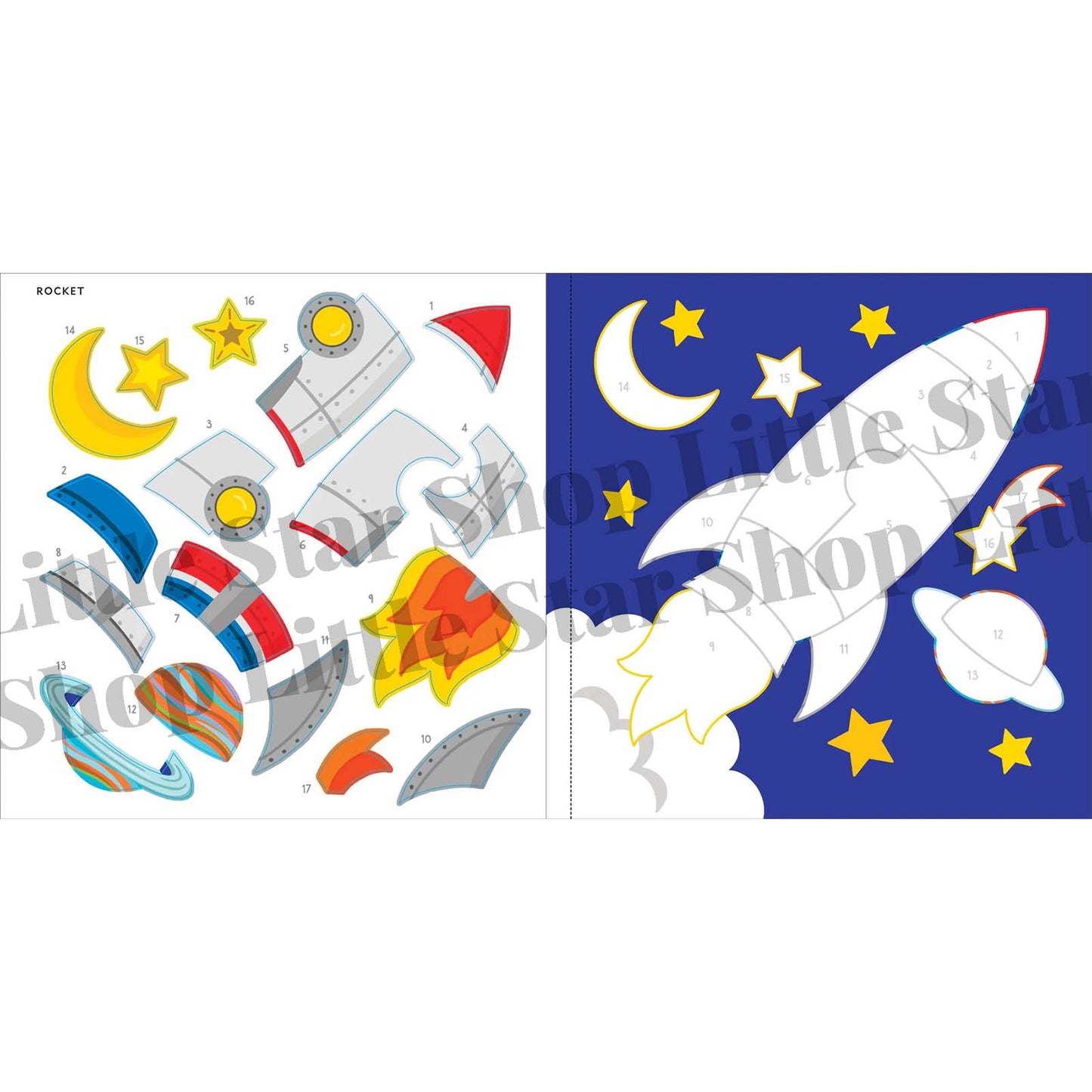 Children's space-themed wall stickers with rockets, stars, and planets on a white background.